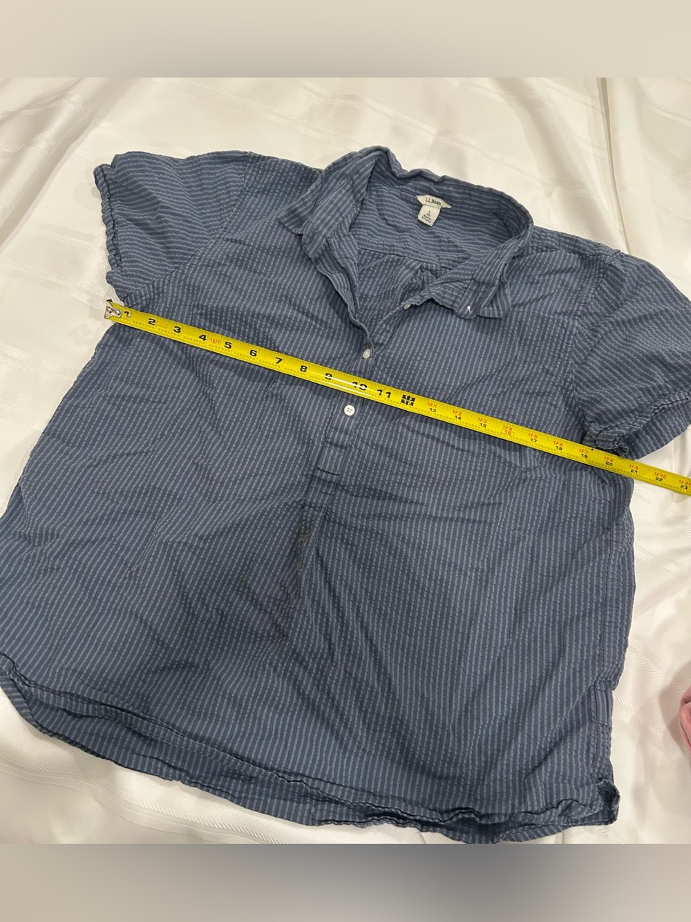 L.L.Bean Seersucker Popover Shirt Women’s Large Blue 100% Cotton Coastal